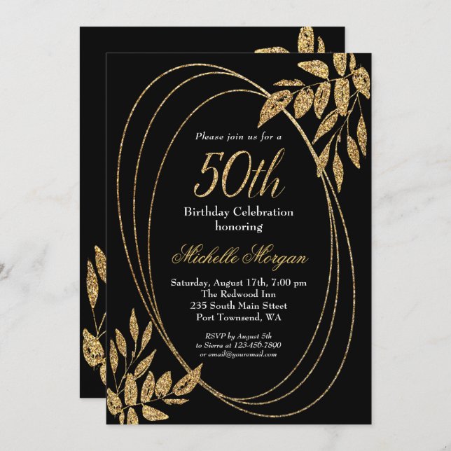 Gold Black Glitter 50th Birthday Celebration Invitation (Front/Back)