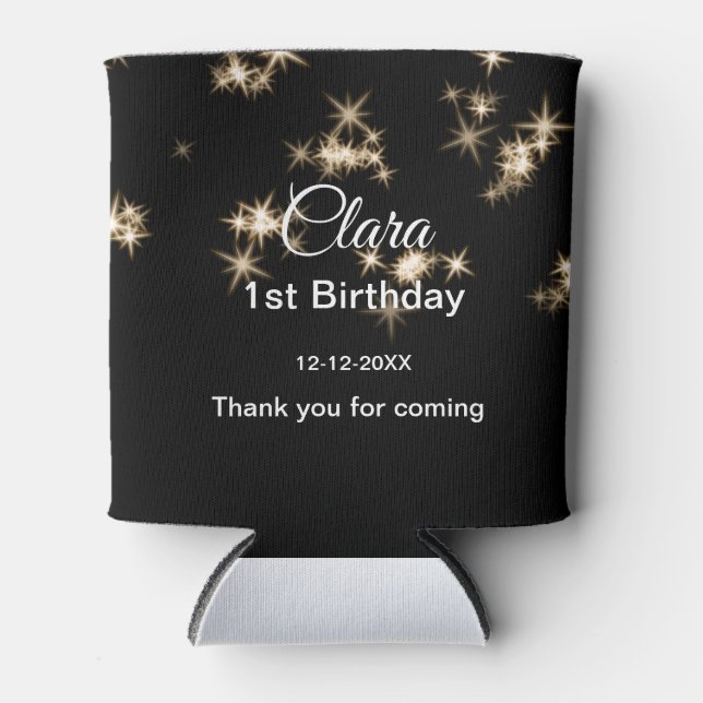 Gold black glitter add name birthday date year tex can cooler (Front)