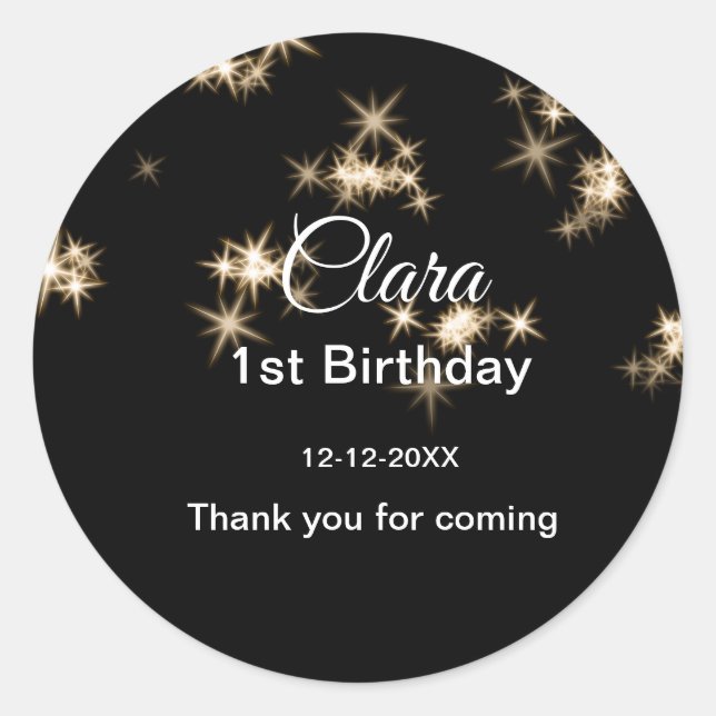 Gold black glitter add name birthday date year tex classic round sticker (Front)