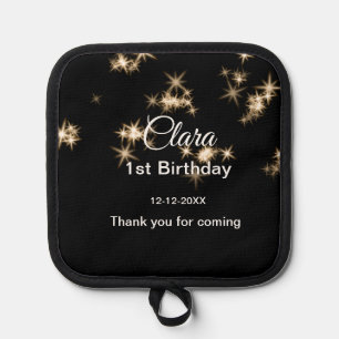 Gold black glitter add name birthday date year tex pot holder