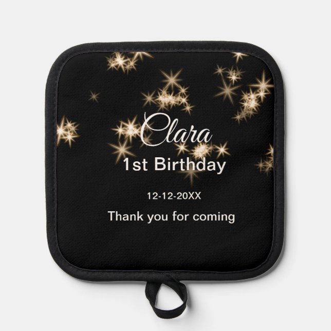 Gold black glitter add name birthday date year tex pot holder (Front)
