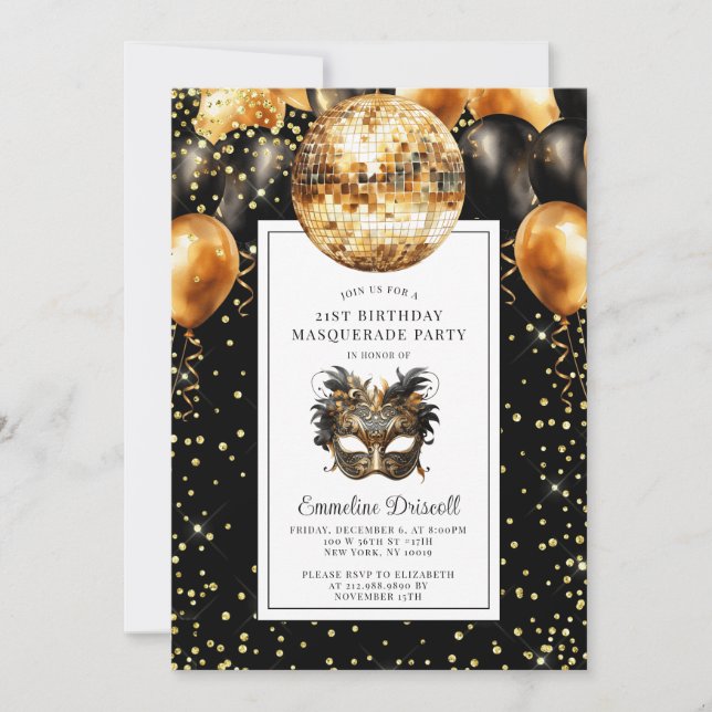 Gold Black Glitter Birthday Masquerade Party Invitation (Front)