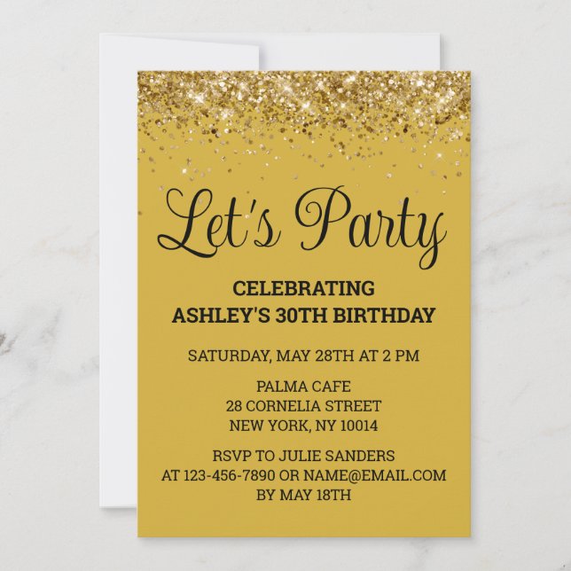 Gold Black Glitter Bling 30th Birthday Let's Party Invitation (Front)