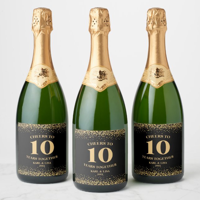 Gold Black Glitter Cheers To 10 Years Anniversary Sparkling Wine Label (Bottles)