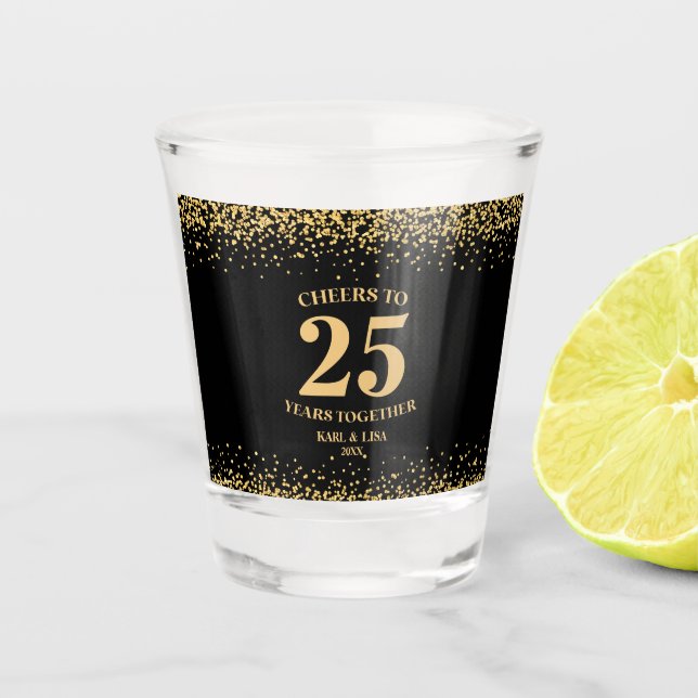 Gold Black Glitter Cheers To 25 Years Anniversary Shot Glass (Front)