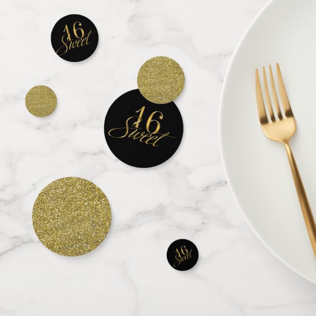 Gold & Black Glitter Chic Trendy Sweet 16 Party Confetti (Group)