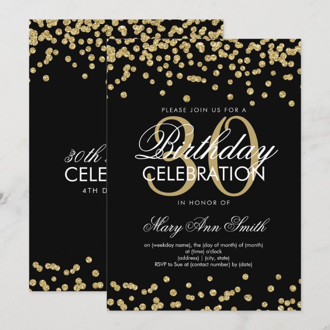 Gold Black Glitter Confetti 30th Birthday Invitation (Front/Back)