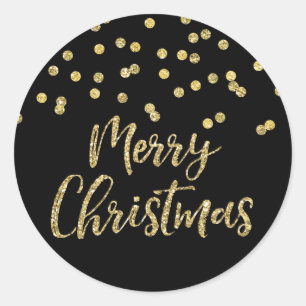 Gold Black Glitter Confetti Merry Christmas Classic Round Sticker
