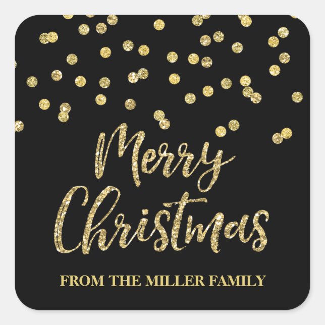 Gold Black Glitter Confetti Merry Christmas Custom Square Sticker (Front)