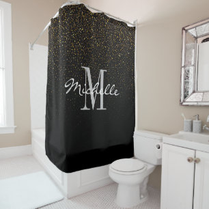Gold & Black Glitter Custom Monogram First Name  Shower Curtain