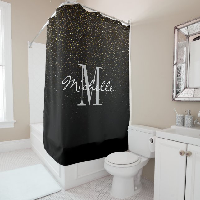 Gold & Black Glitter Custom Monogram First Name  Shower Curtain (In Situ)