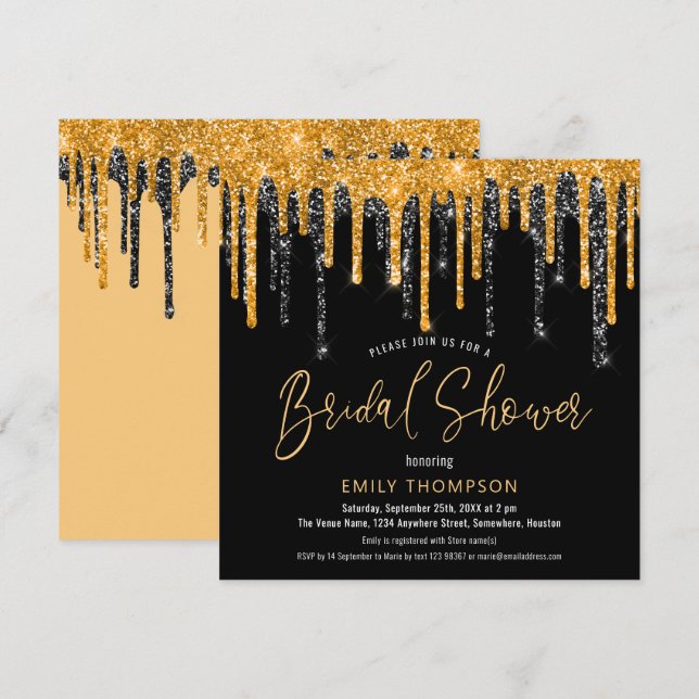 Gold black Glitter Drip Script Bridal Shower Invitation (Front/Back)