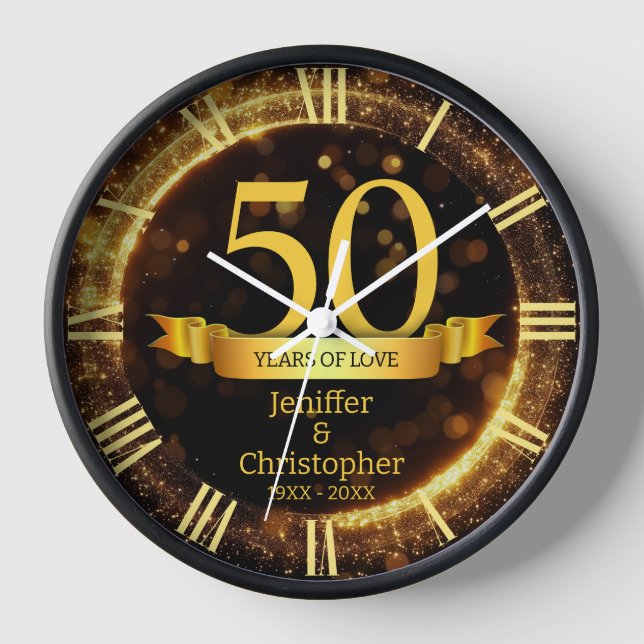 Gold & Black Glitter Edit Year Wedding Anniversary Clock (Front)