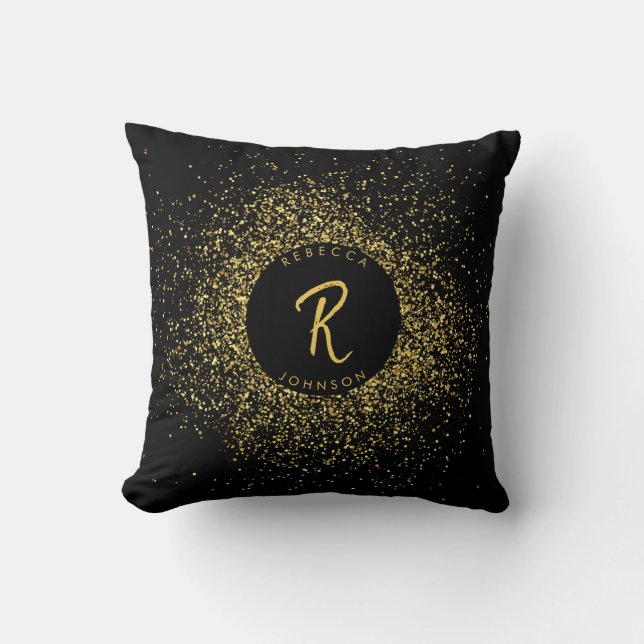 Gold & Black Glitter Frame Monogram Cushion (Front)