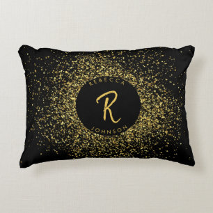 Gold & Black Glitter Frame Monogram Decorative Cushion