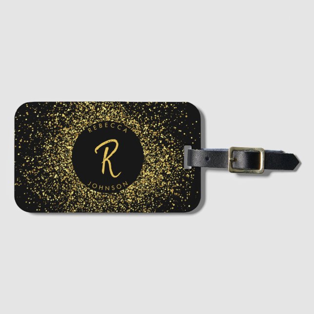 Gold & Black Glitter Frame Monogram Luggage Tag (Front Horizontal)