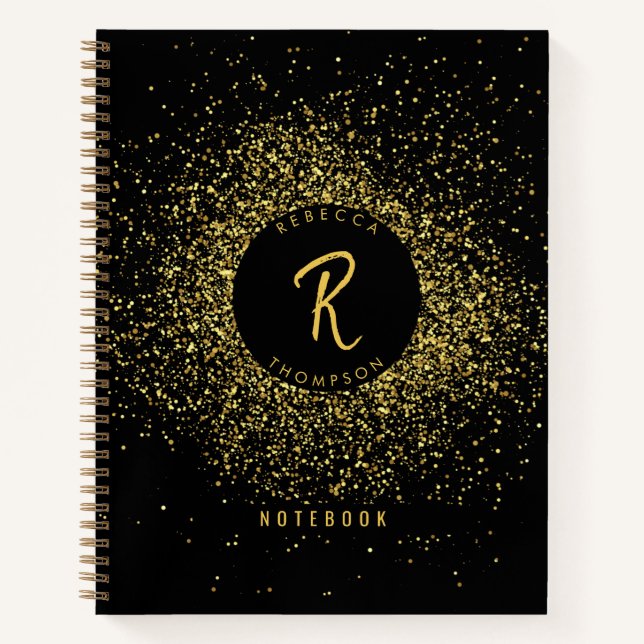 Gold & Black Glitter Frame Monogram Notebook (Front)