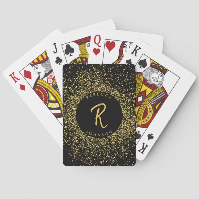 Gold & Black Glitter Frame Monogram Playing Cards (Back)