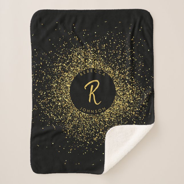 Gold & Black Glitter Frame Monogram Sherpa Blanket (Front)