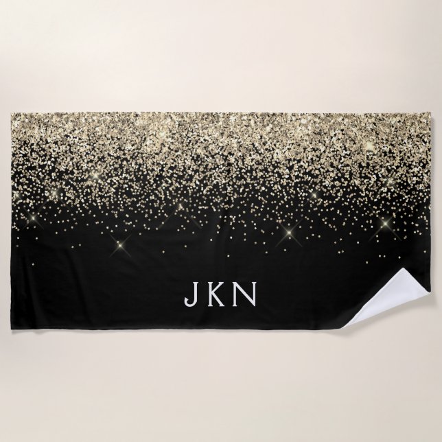 Gold Black Glitter Girly Monogram Initials Beach Towel (Front)