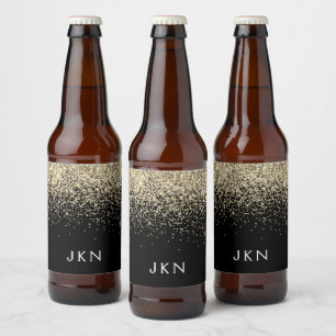 Gold Black Glitter Girly Monogram Initials Beer Bottle Label