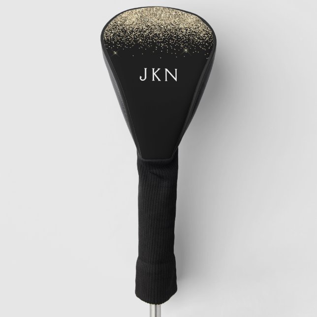 Gold Black Glitter Girly Monogram Initials Golf Head Cover (Front)