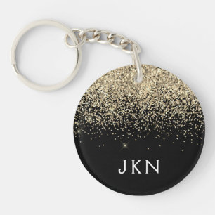 Gold Black Glitter Girly Monogram Initials Key Ring
