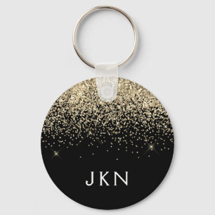 Gold Black Glitter Girly Monogram Initials Key Ring