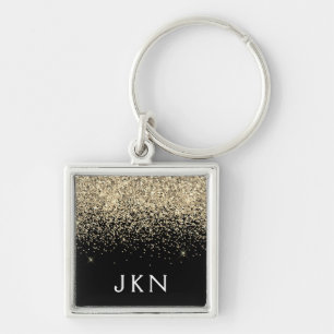Gold Black Glitter Girly Monogram Initials Key Ring