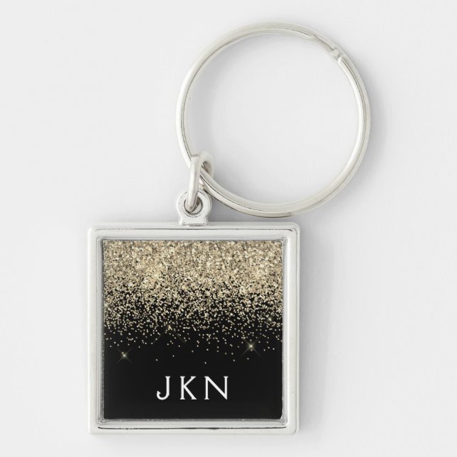 Gold Black Glitter Girly Monogram Initials Key Ring (Front)