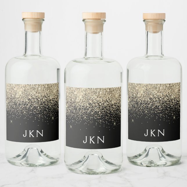 Gold Black Glitter Girly Monogram Initials Liquor Bottle Label (Bottles)
