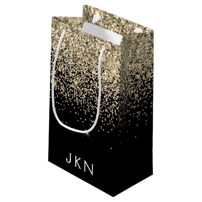 Gold Black Glitter Girly Monogram Initials Small Gift Bag (Back Angled)