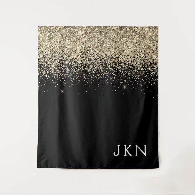 Gold Black Glitter Girly Monogram Initials Tapestry (Front)