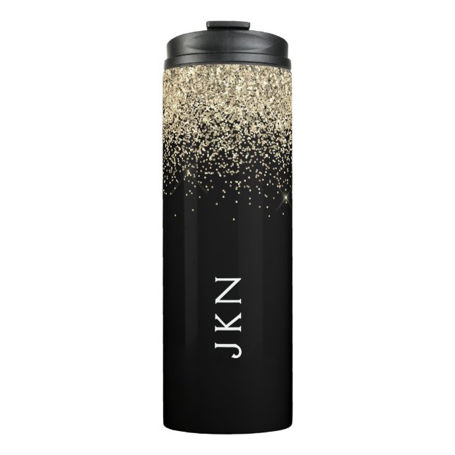 Gold Black Glitter Girly Monogram Initials Thermal Tumbler (Front)
