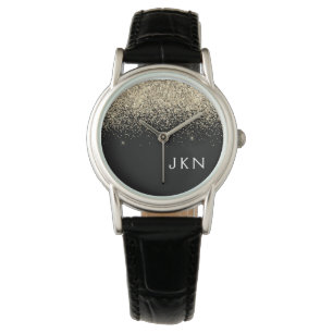 Gold Black Glitter Girly Monogram Initials Watch