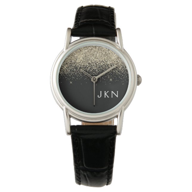 Gold Black Glitter Girly Monogram Initials Watch (Front)