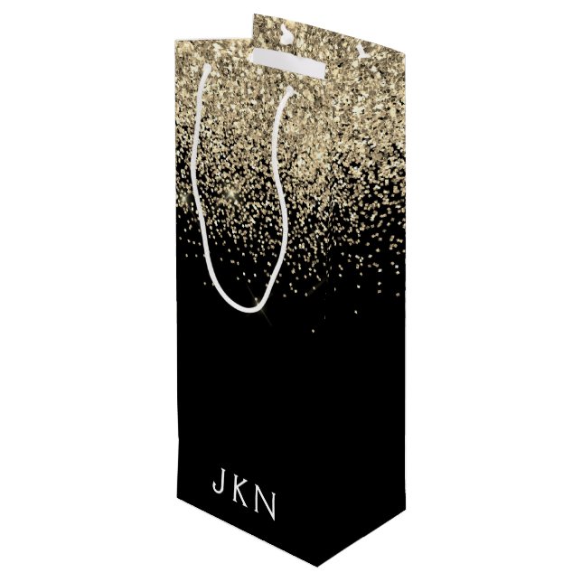 Gold Black Glitter Girly Monogram Initials Wine Gift Bag (Back Angled)