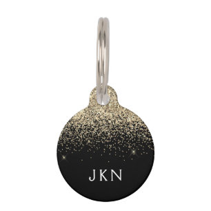 Gold Black Glitter Girly Name Initials Monogram Pet Tag