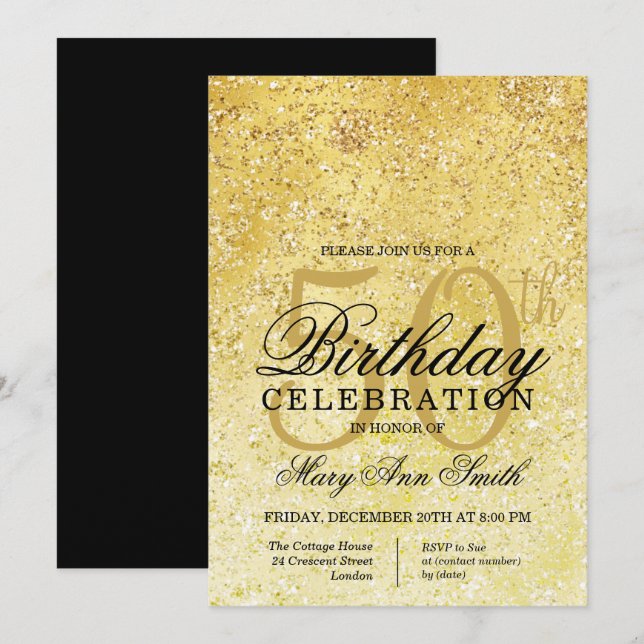 Gold & Black Glitter Glam 50th Birthday Party Invitation (Front/Back)
