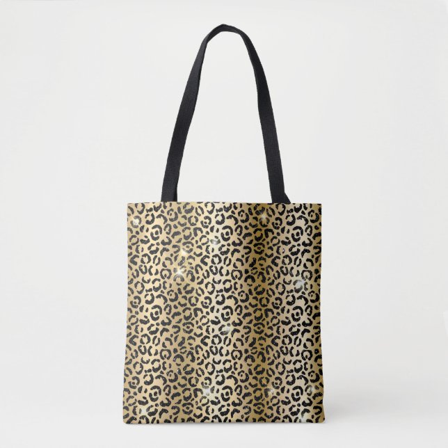 Gold & Black Glitter Glam Leopard Spots Print Tote Bag (Front)