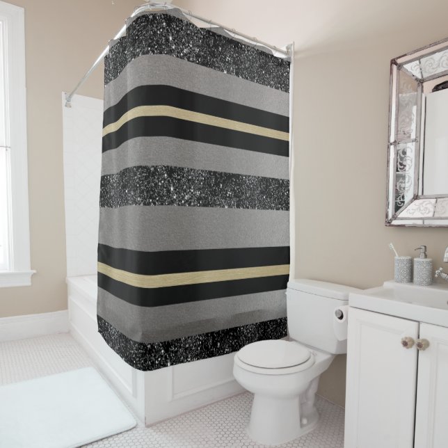 Gold Black Glitter Glam Stripes #1 (Faux Glitter) Shower Curtain (In Situ)