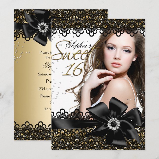 Gold & Black Glitter Lace Photo Sweet 16 Invite (Front/Back)