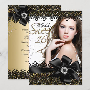 Gold & Black Glitter Lace Photo Sweet 16 Invite