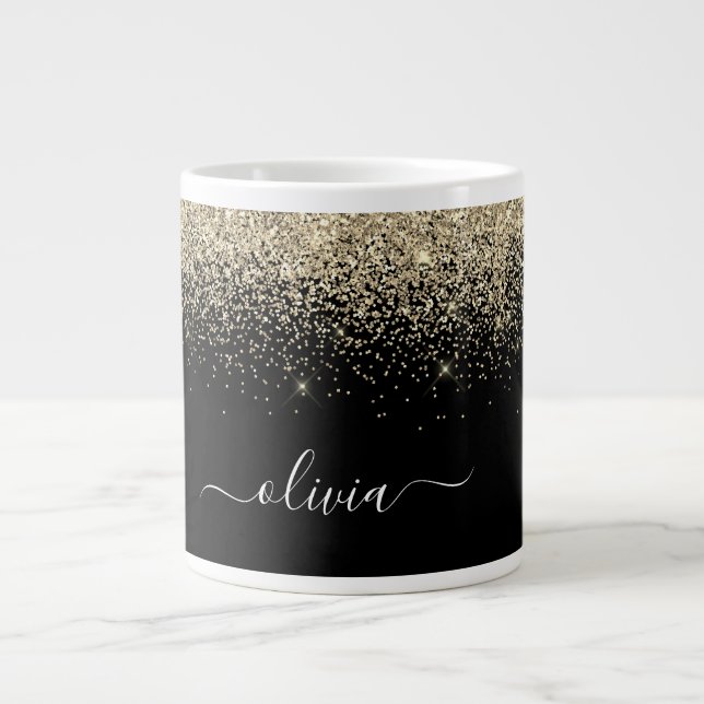 Gold Black Glitter Modern Monogram Name Large Coffee Mug (Front)