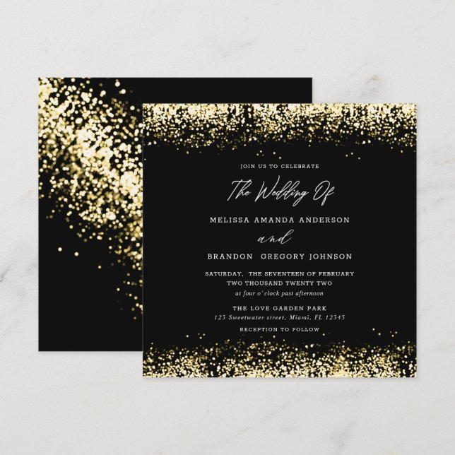 Gold Black Glitter Modern Wedding Invitation (Front/Back)