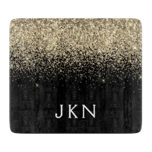 Gold Black Glitter Monogram Initials Monogram Cutting Board