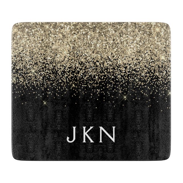 Gold Black Glitter Monogram Initials Monogram Cutting Board (Front)