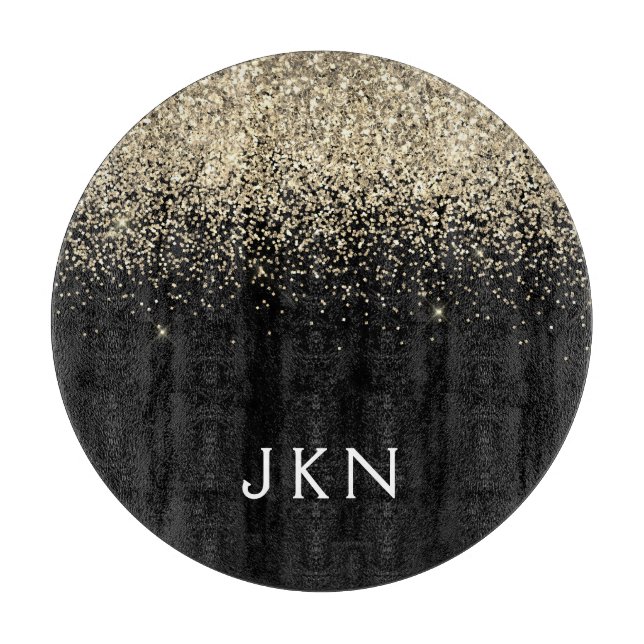 Gold Black Glitter Monogram Initials Monogram Cutting Board (Front)