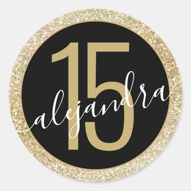 Gold Black Glitter Quince Años Favour Classic Round Sticker (Front)