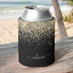 Gold Black Glitter Script Monogram Girly Name Can Cooler<br><div class="desc">Black and Gold Glitter and Sparkle Elegant Birthday or Bachelorette Party Can Coolers. These Wedding,  Bridal Shower or Birthday Party Can Coolers can be customised to include your first name. Please contact the designer for customised matching items.</div>